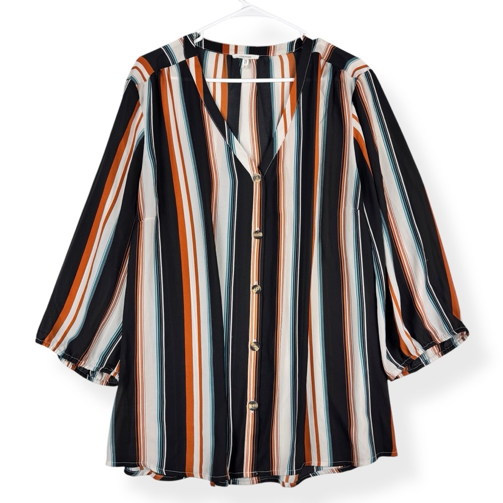 Maurices Blouse Womens Plus 3X Striped 3/4 Sleeves Multicolor V-Neck Semi Sheer